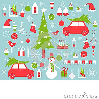 Christmas vector background with snowman and Christmas tre Vector Illustration