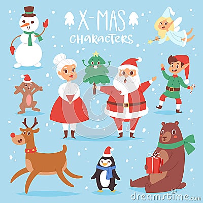 Christmas vector characters cute cartoon Santa Claus, snowman, Reindeer, Xmas bear, Santa wife, dog New Year symbol, elf Vector Illustration