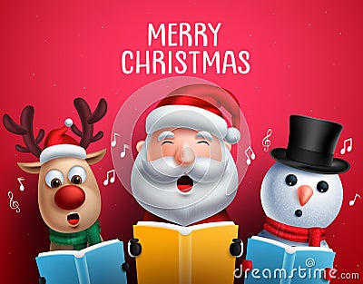 Christmas vector characters like santa claus, reindeer and snowman singing christmas carols Vector Illustration