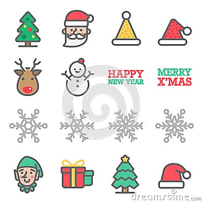 Christmas Vector Color Line Icon Set. Contains such Icons as Santa Claus, Snowflake, Elf, Snowman, Christmas Hat, Gift Box and mo Vector Illustration