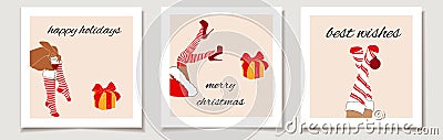 Christmas vector gift card or tag Christmas Set of three Santa woman legs with christmas ball, gift and wine. Stock Photo