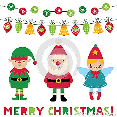 Christmas greeting card with Santa, elf and angel Vector Illustration