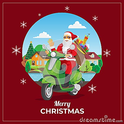 Christmas greeting card with santa ride scooter Vector Illustration