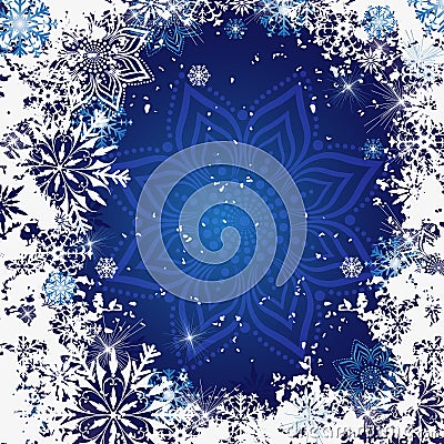 Christmas vector grunge dark blue gradient frame with snowflakes Vector Illustration