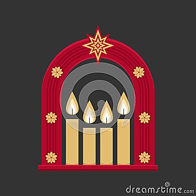 Christmas vector illustration. Four Advent candles lit in anticipation of the birth of Jesus Christ Vector Illustration