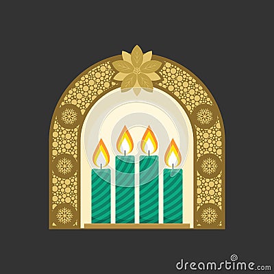 Christmas vector illustration. Four Advent candles lit in anticipation of the birth of Jesus Christ Vector Illustration