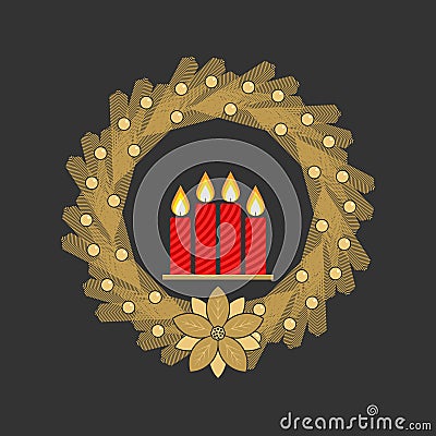 Christmas vector illustration. Four Advent candles lit in anticipation of the birth of Jesus Christ, framed by a spruce wreath Vector Illustration