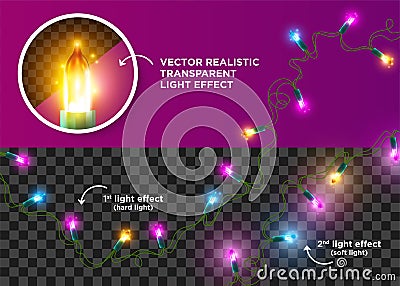 Christmas Vector Neon LED Lights. Christmas Tree String Garland. Vector Illustration