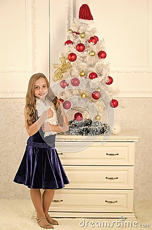 Christmas very special time of year. Spread christmas cheer. Kid cheerful excited about new year coming. Small girl wear Stock Photo