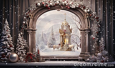 Christmas view of a snow-covered magic tower and several deer in a snowy forest. Stock Photo