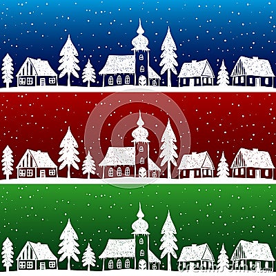 Christmas village with church seamless pattern Vector Illustration