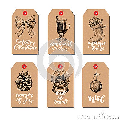 Christmas vintage gift tags set with lettering. Vector hand draw Vector Illustration