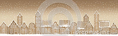 Christmas Vintage Gingerbread village background. Winter landscape Horizontal border. Greeting card template. Stock Photo