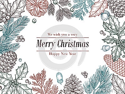 Christmas vintage invitation. Winter fir pine branches, pinecones floral border. Christmas, xmas botanical sketch frame Vector Illustration