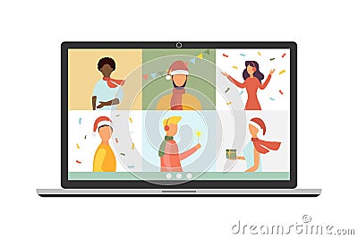 Christmas virtual meeting. Video call with friends at home. Celebrating Christmas and New Year 2022. People give gifts to each Cartoon Illustration