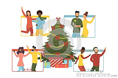 Christmas virtual meeting. Video call with friends at home. Vector Cartoon Illustration