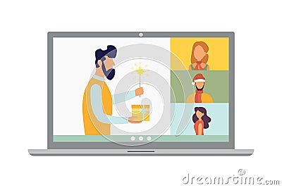 Christmas virtual meeting. Video call with friends at home. Vector illustration Cartoon Illustration