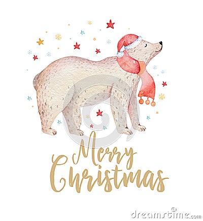 Christmas watercolor bear. Cute kids xmas forest bears animal illustration, new year card or poster. Hand drawn nursery Cartoon Illustration