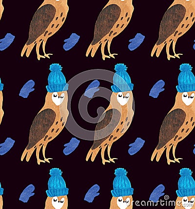 Christmas Watercolor beautiful seamless pattern with owls, mittens, and hats Stock Photo