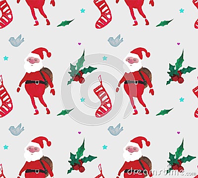 Christmas Watercolor beautiful seamless pattern with Santa Claus, berries, stars, socks and birds Stock Photo