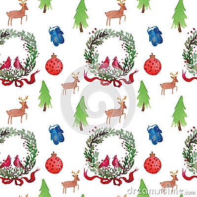 Christmas Watercolor beautiful seamless pattern with wreath, deer, ribbons, mittens and tree Stock Photo