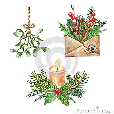 Christmas watercolor candle, enevelope with pine branches and red winter berries, mistletoe hanging ball, isolated. Winter holiday Cartoon Illustration