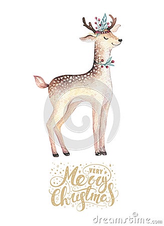 Christmas watercolor deer. Cute kids xmas forest animal illustration, new year card or poster. Hand drawn isolated baby Cartoon Illustration