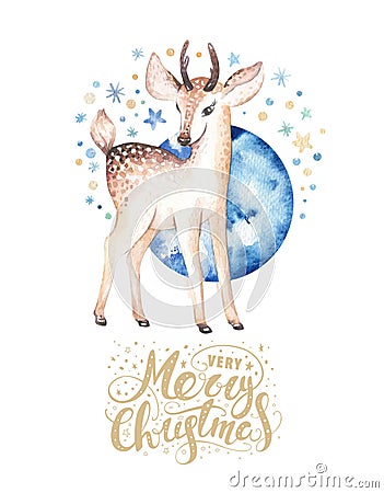 Christmas watercolor deer. Cute kids xmas forest animal illustration, new year card or poster. Hand drawn isolated baby Cartoon Illustration