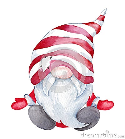 Christmas watercolor gnome. Hand drawn illustration of winter dwarf Cartoon Illustration