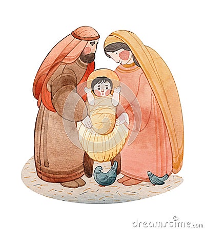 Christmas watercolor illustration of the Nativity scene: the newborn Jesus Christ, the Blessed Virgin Mary, Joseph isolated on a Cartoon Illustration