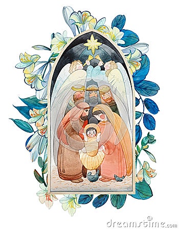 Christmas watercolor illustration of the Nativity scene: the newborn Jesus Christ, the Virgin Mary, Joseph, the three wise men, Cartoon Illustration