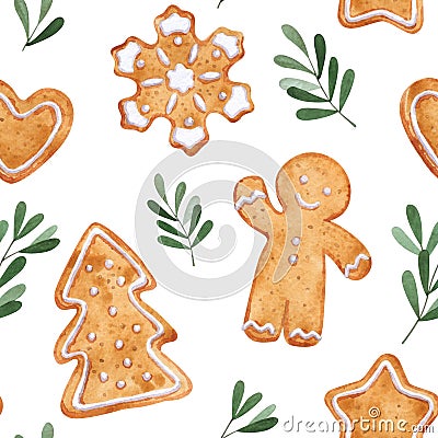 Christmas watercolor pattern of gingerbread and branches. Cartoon Illustration