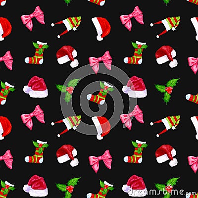 Christmas watercolor pattern with santa hat, gift bow, new year sock. Hand drawing. Patern for textiles, paper, scrapbooking, Stock Photo