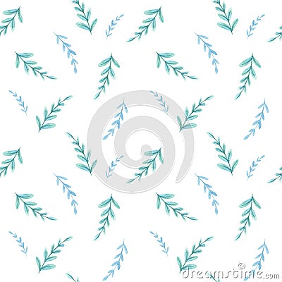Christmas Watercolor seamless pattern with blue twigs white background. Watercolor isolated winter illustration - stock Cartoon Illustration
