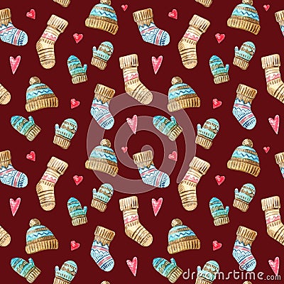 Christmas Watercolor seamless pattern with hearts, hats and socks. Watercolor isolated winter illustration Cartoon Illustration