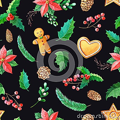 Christmas watercolor seamless pattern.Holly, leaves,berries,green leaves,pine cone,gingerbread man,star,heart cookies on Cartoon Illustration