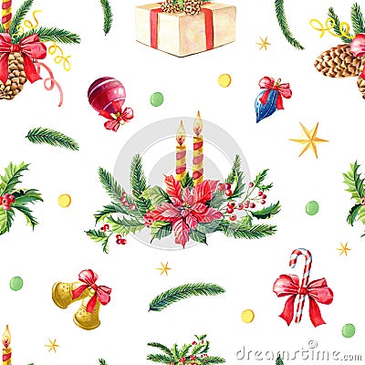 Christmas watercolor seamless pattern.Red poinsettia flower,Holly,candle,pine,green spruce,bow,gift on white background.Hand-drawn Cartoon Illustration