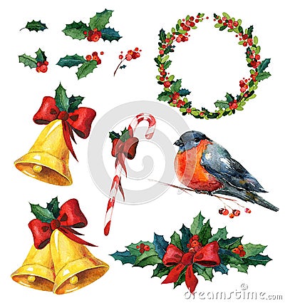 Christmas watercolor set with holly, red winter bird bullfinch, wreath, golden bells and candy cane Stock Photo