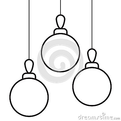 Christmas white background with three decorative balls. Xmas toys hanging banner. Holiday greeting template. Flat, lined, simple v Vector Illustration