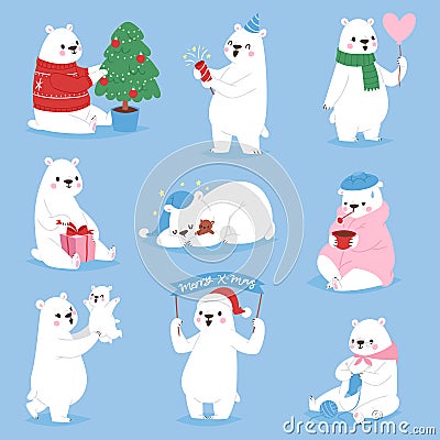 Christmas white bear vector animal cute beauty character funny style different poses celebrate Xmas holiday or New Year Vector Illustration