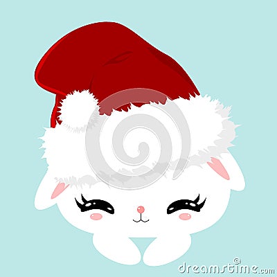 Christmas white fluffy cute bunny. Childrens character. New Year poster. Pet in a Santa Claus hat. Vector Illustration