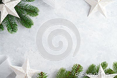 Christmas white wooden background top view. Template for New Year space for text. Mockup for advertising, congratulations. Holiday Stock Photo