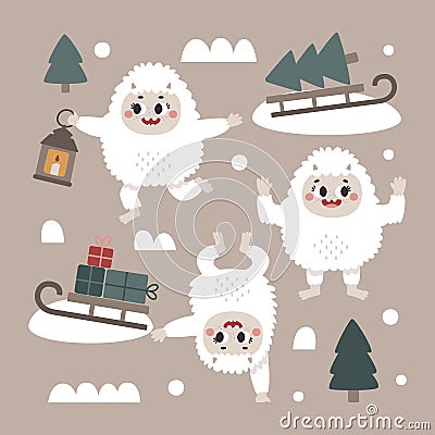 Christmas wild winter vector cute set with Yeti characters, Bigfoot, stones, sledge, gifts, snow, christmas tree, a warming candle Vector Illustration