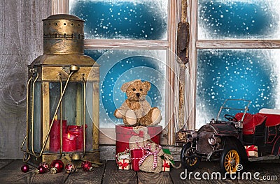 Christmas window sill decoration with old nostalgic toys. Stock Photo