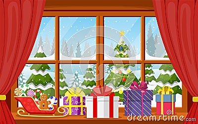 Christmas window view with a snowy landscape Vector Illustration