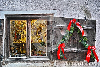 Display window vintage at Christmas with wooden shutter and garland Stock Photo