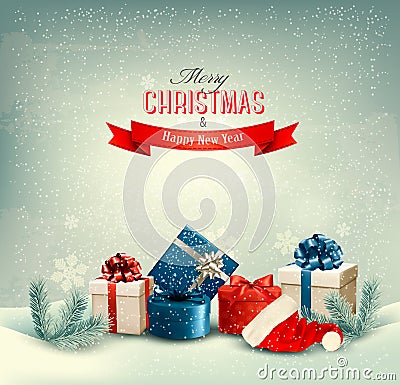 Christmas winter background with presents. Vector Illustration