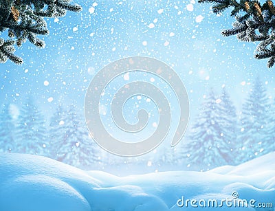 Christmas winter background with snow and fir tree branch Stock Photo