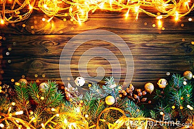 Christmas winter background, a table decorated with fir branches and decorations. Happy New Year. Merry Christmas. Stock Photo