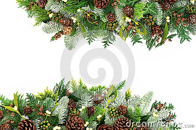 Natural Christmas and Winter Border with Flora and Fauna Stock Photo